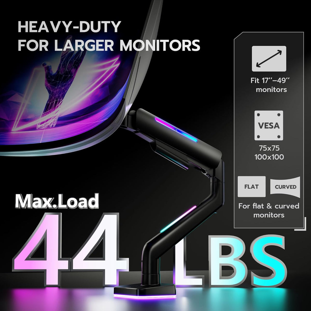 Ultrawide Monitor arm for 17-49'' Heavy Duty Screen up to 44lbs, Gas Spring Single Monitor Arm with RGB Light, Adjustable Gaming Computer Monitor Arm for Desk, Black