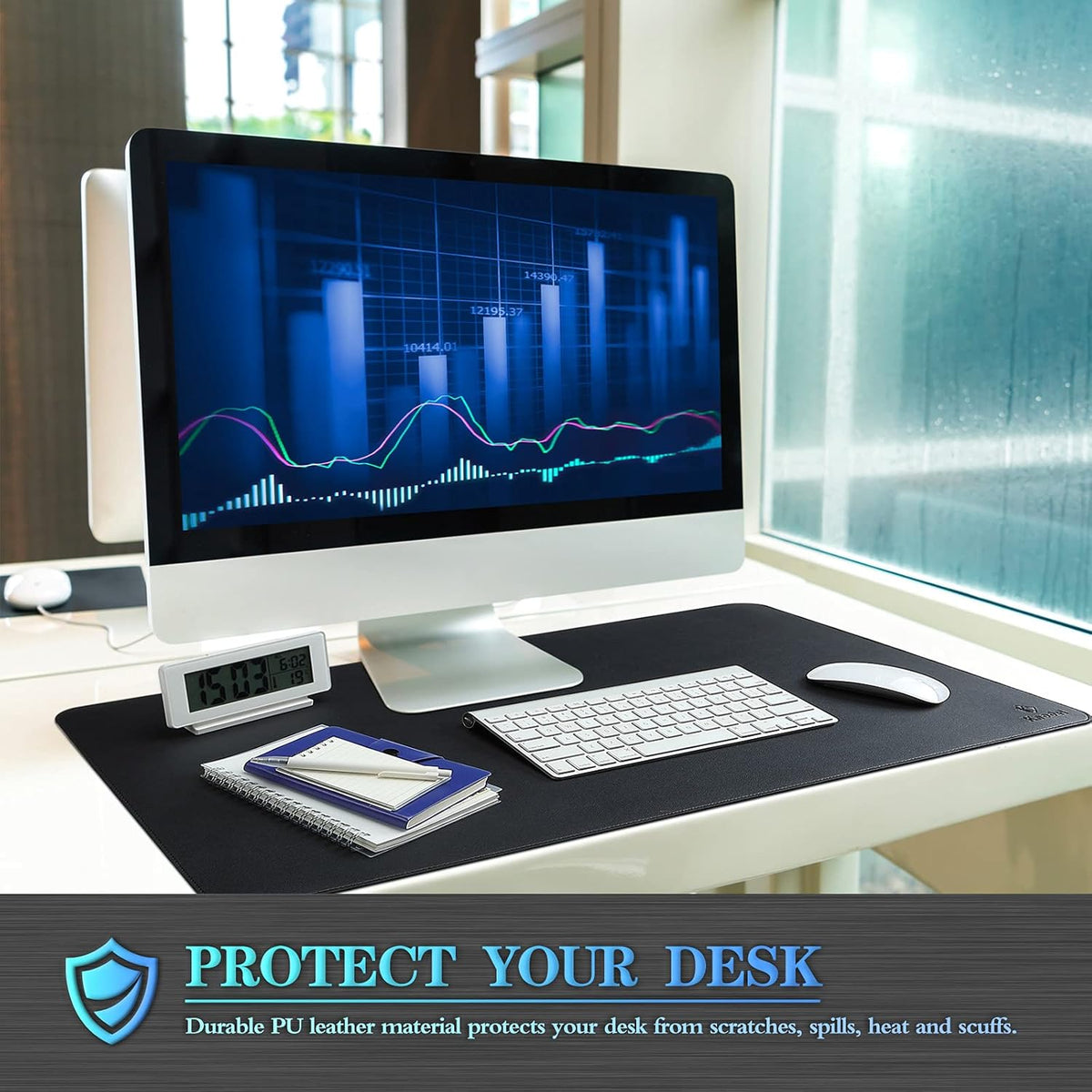 K KNODEL Desk Mat, Blotter, Dual-Sided Office Desk Pad, Waterproof Desk Mat for Desktop, Desk Blotters, PVC Leather Pad Protector (Black, 31.5" x 15.7")