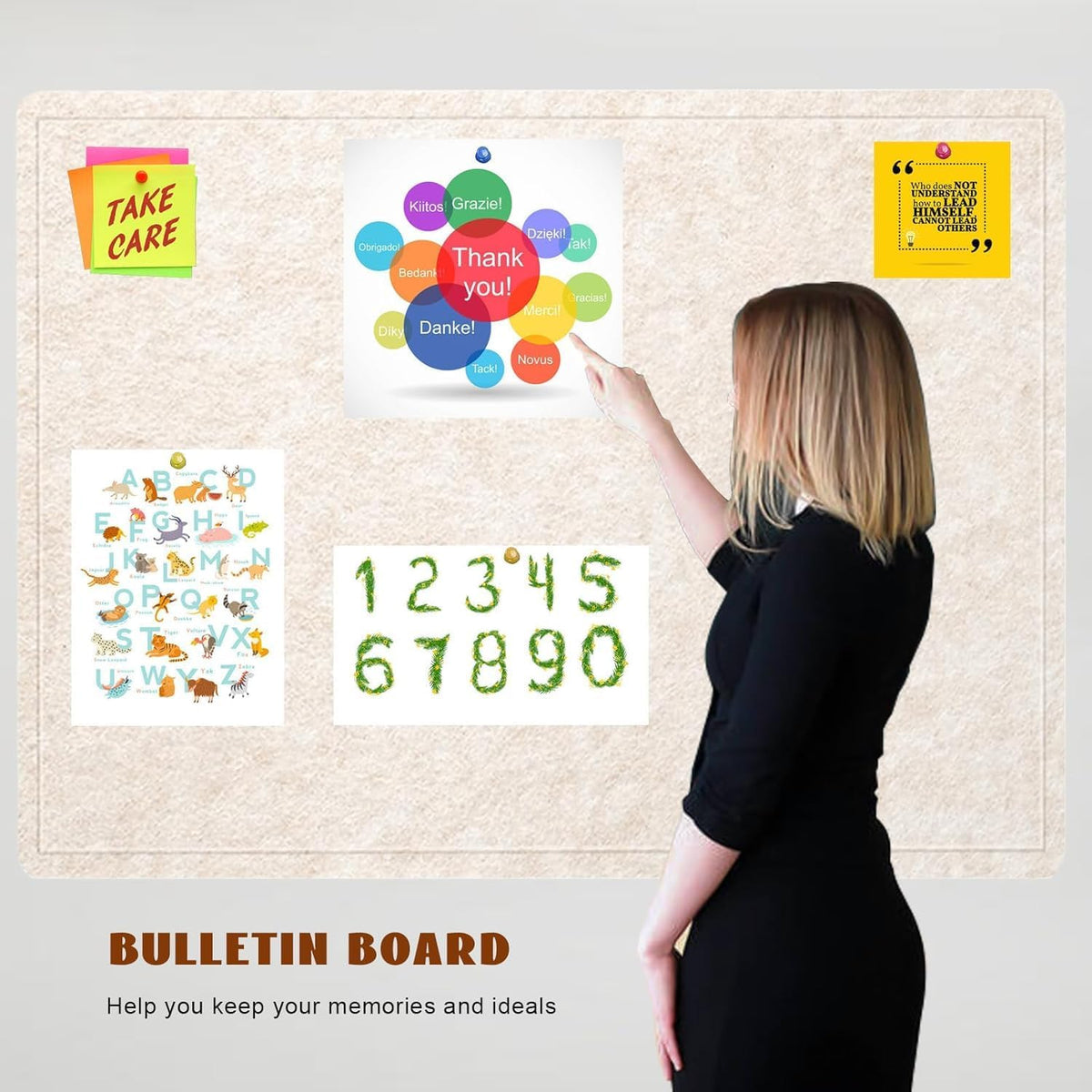 Bulletin Board, 36 X 24 inches Cork Board with 20 Pushpin, Felt Cork Board Notice Pin Board, Self-Adhesive Vision Board Mood Board Foldable Photo Board for Wall - Oatmeal