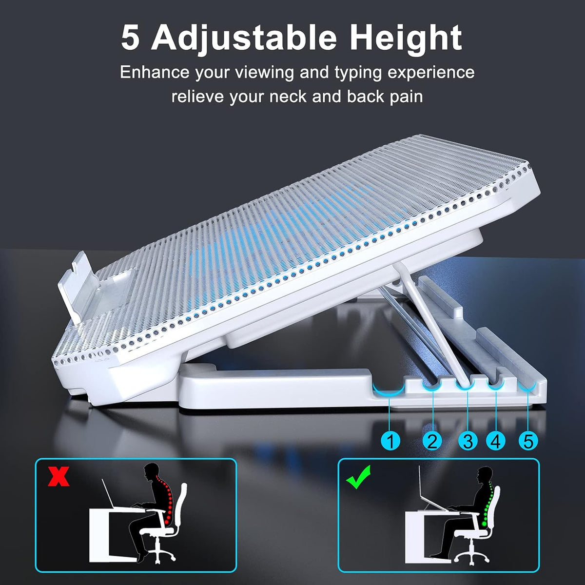 Laptop Cooling Pad with Adjustable Height Two 5.1 Inches Fan 2 USB Ports Suitable for 12"-15.6" Laptops（White）
