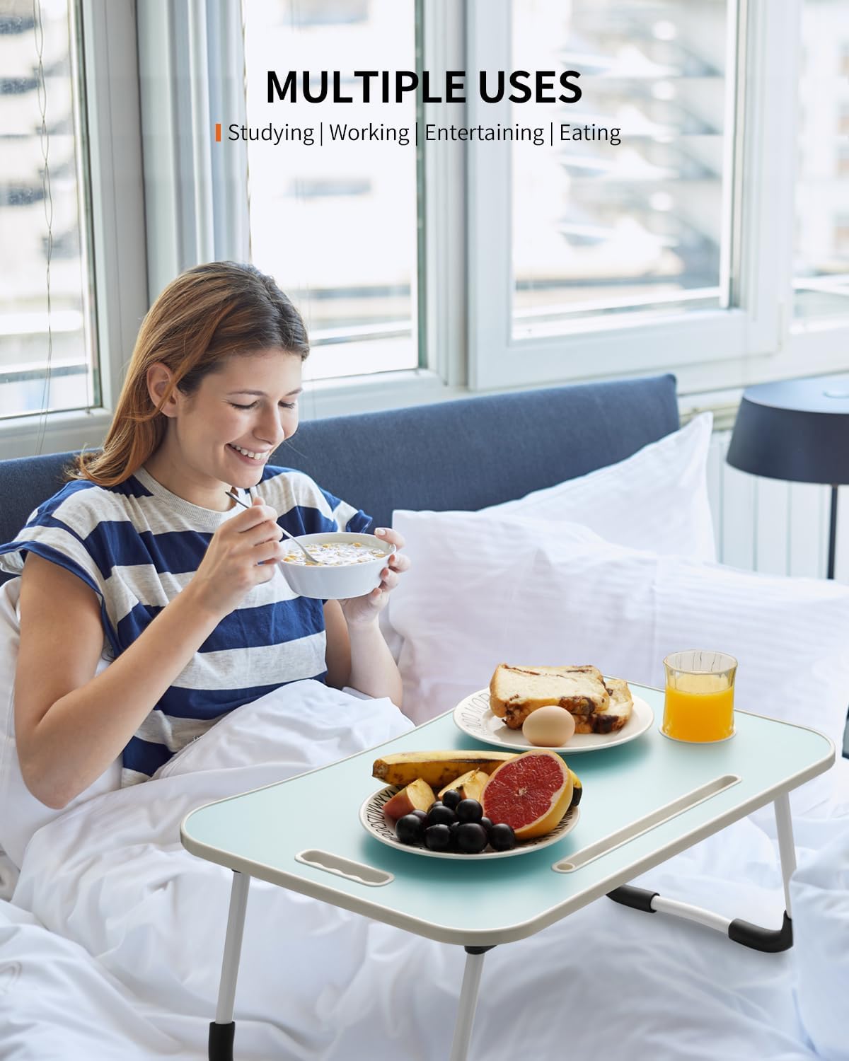 Foldable Laptop Table, Portable Lap Desk Bed Table Tray, Laptop Stand with Cup Holder & Tablet Slot & Lifting Handle for Working Writing Drawing & Eating (Blue)