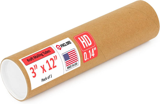 3" x 12" Heavy-Duty Reinforced Cardboard Mailing Tube, Pack of 1 Tube with 2 Caps – Secure USPS Approved – Great for Shipping and Storing of Prints, Artwork, Posters or Documents