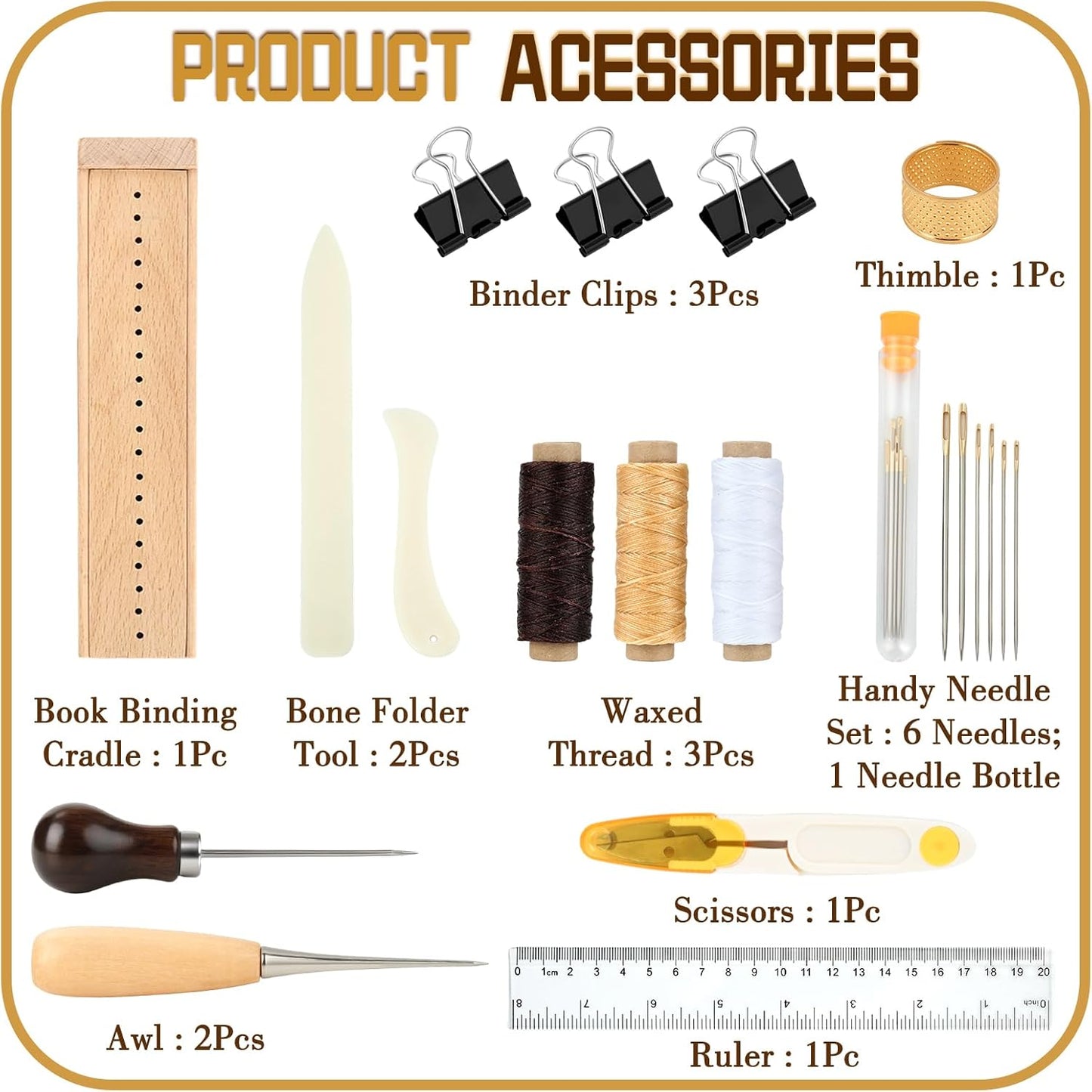 21pcs Book Binding Kits,Bamboo Book Binding Cradle,Book Press with Book Making Tools for Bookbinding Hole Punching, Portable Bookbinding Supplies for Bookbinding Crafts and Sewing