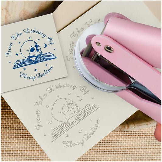 Skull Themed Library Book Embosser， Custom Book Business Card Paper Document Notebook, Self Inking Stamp，Book Lover Gifts，Christmas Gifts (Style09)