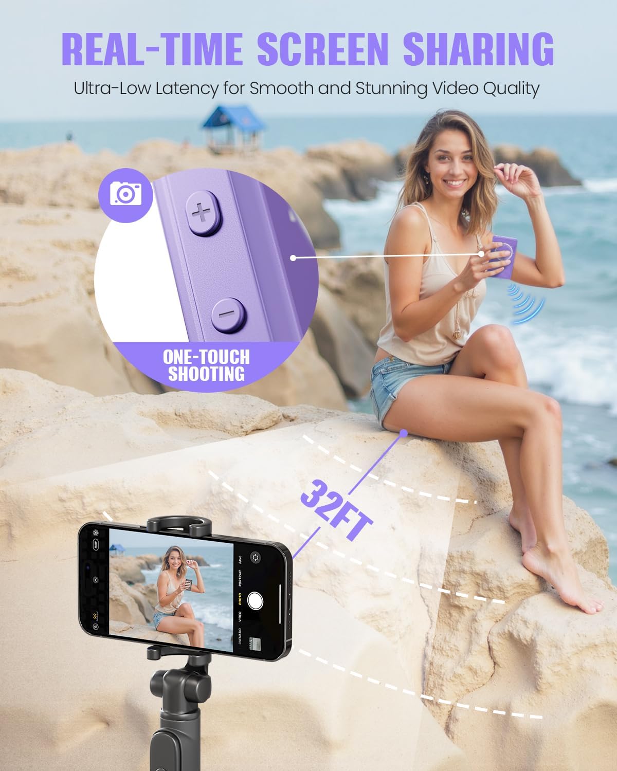 Vlog Selfie Monitor Screen, Magnetic Phone Selfie Screen 4K/1080p 60fps Bluetooth Remote, Back Camera Monitor Built-in Speaker for Vlog Live Stream TikTok (Purple)
