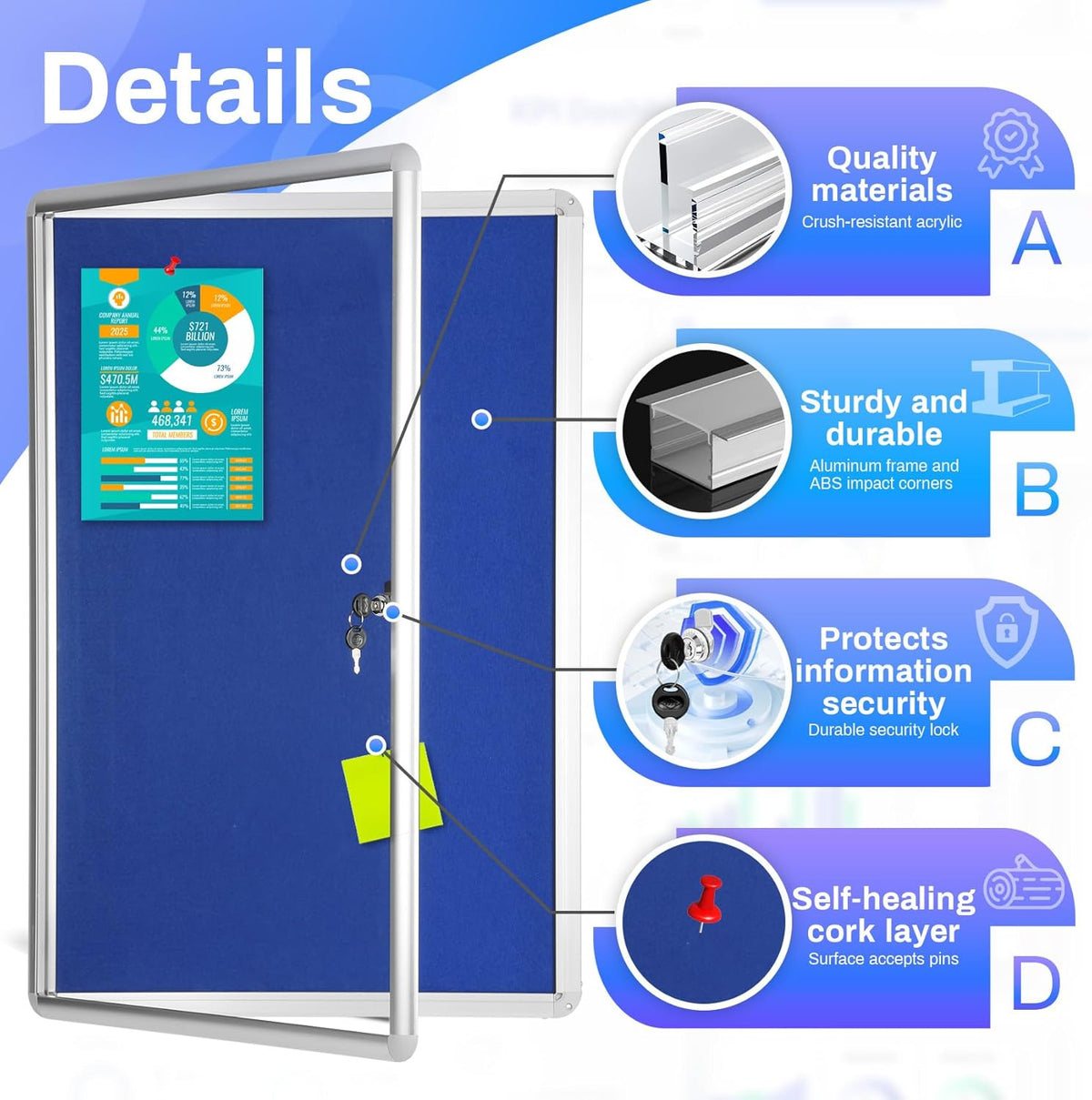 Magula 36"x24" Enclosed Bulletin Board Tamper-Proof Dispaly Case, Aluminium Frame, Shatter Resistant Lockable Bulletin Board, Lockable Noticeboard for School, Office, Commercial, Hospital etc