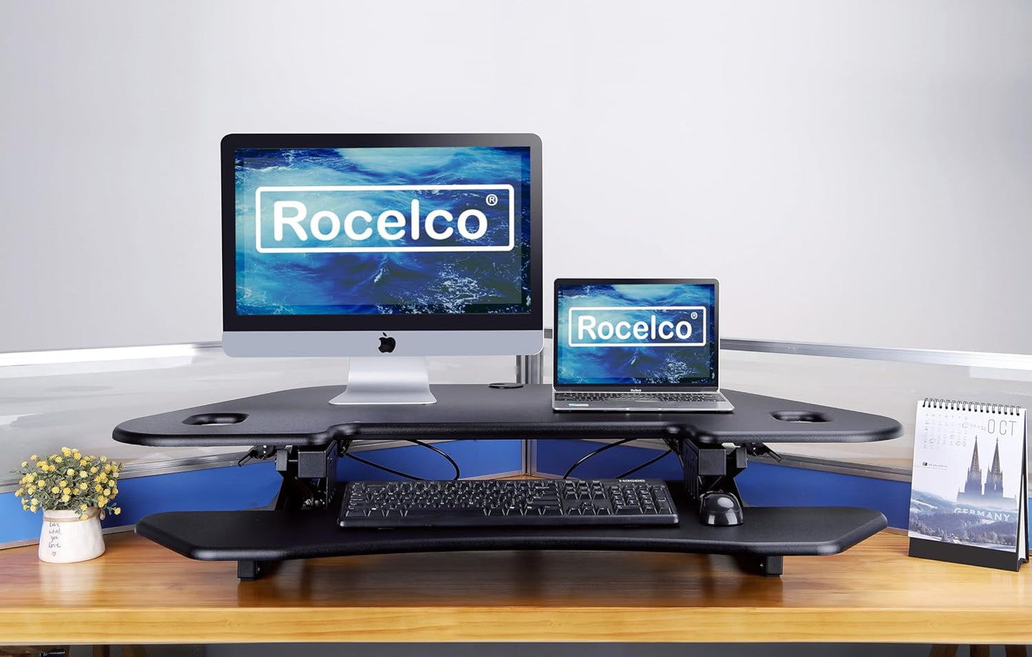 Rocelco 46" Height Adjustable Corner Standing Desk Converter with AC Outlet and USB Charger - Sit Stand Up Dual Monitor Tabletop Riser Workstation - Large Keyboard Tray - Black (R CADRB-46-ACUSB)