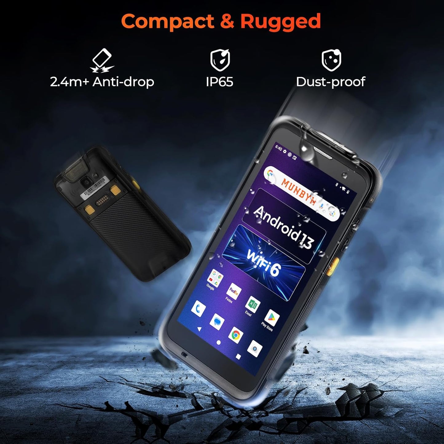 MUNBYN Upgraded Android 13 Barcode Scanner with 5.5" Full Screen & Dock Charger, Equipped with Zebra SE4710 Engine, Rugged PDA Handheld Mobile Computer Wireless Wi-Fi 6, 4G LTE, Inventory Scanner