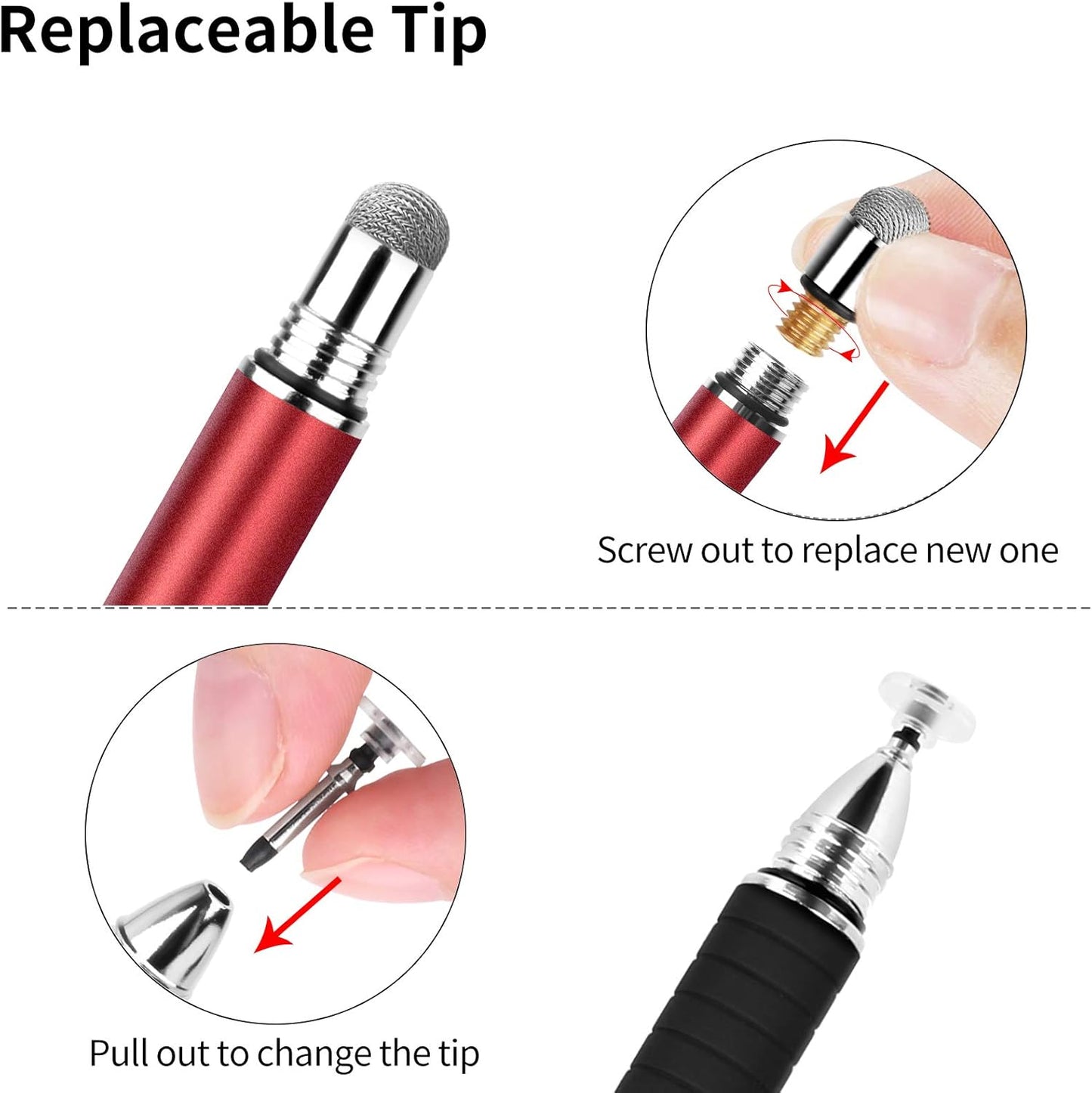 Mixoo Stylus Pens for Touch Screens - Disc & Fiber Tip 2 in 1 High Sensitivity Universal Stylus for iPad, iPhone, Tablets and Other Capacitive Touch Screens (Red)