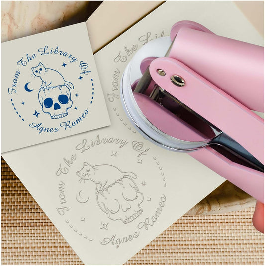 Skull Themed Library Book Embosser， Custom Book Business Card Paper Document Notebook, Self Inking Stamp，Book Lover Gifts，Christmas Gifts (Style16)