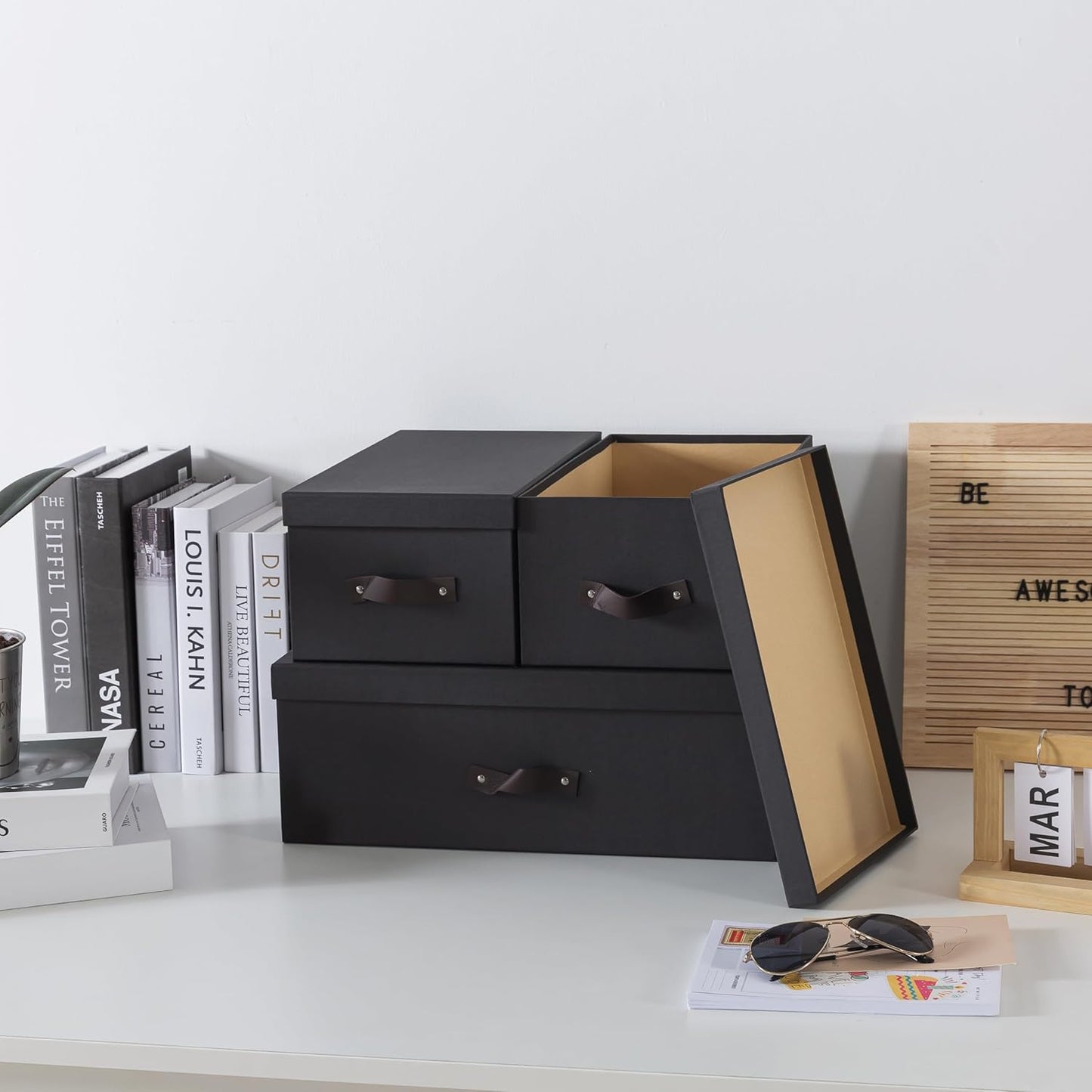 Soul & Lane Decorative Storage Boxes with Lids - Set of 3 (One Large and Two Medium), Sturdy Cardboard Organizers for Photos, Versatile Boxes with Handles for Office & Home, Dark Gray