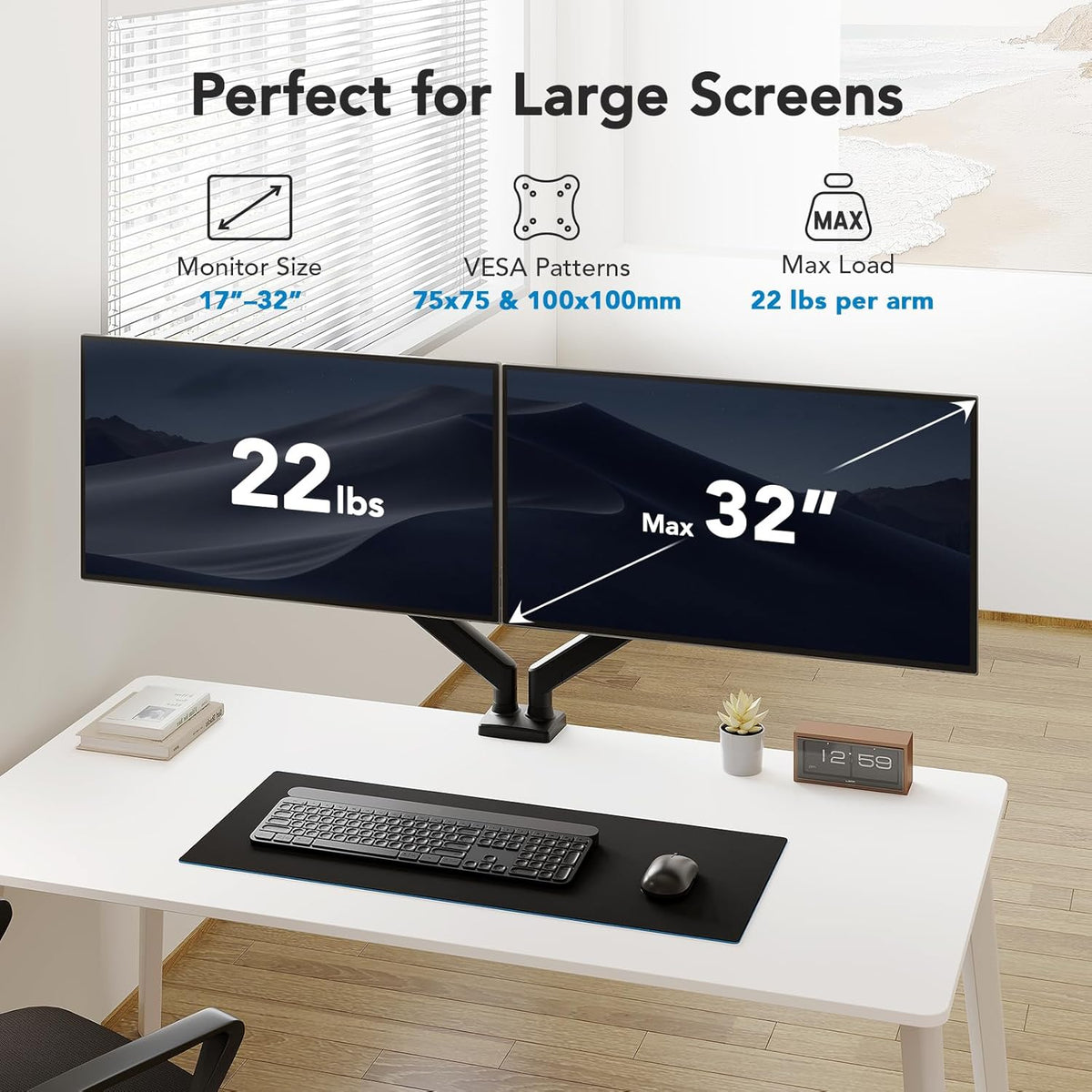 HUANUO Dual Monitor Mount for 2 Monitors up to 32 inches, Each Arm Holds Max 22lbs, Dual Monitor Stand with Gas Spring System, Height-Adjustable/Tilt/Swivel/Rotate, VESA Standard 75mm or 100mm