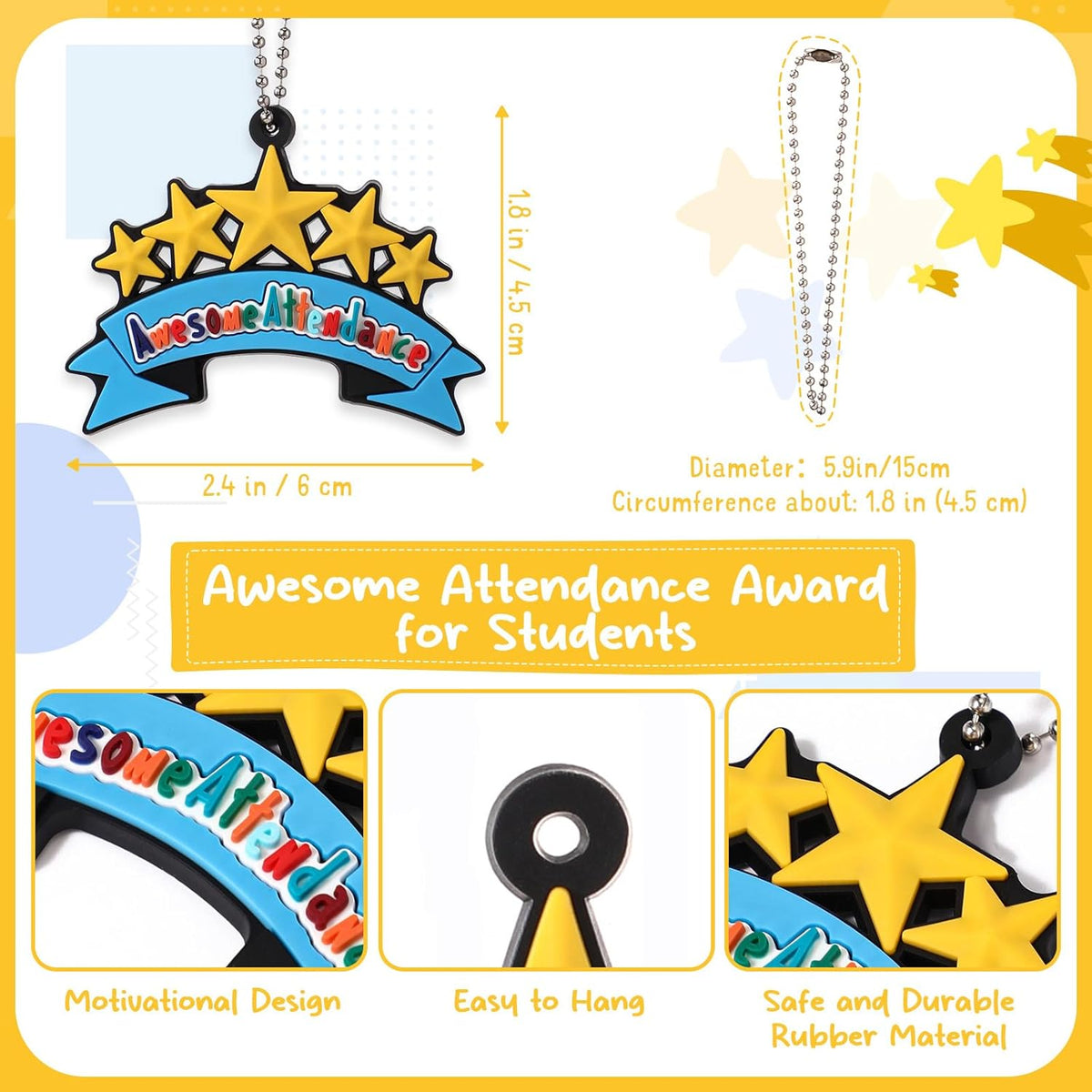 50 Pcs Awesome Attendance Silicone Tags with Chains, Motivational Brag Awards for Students, Classroom Incentives, Teacher Rewards, Reading Competition Prizes, Wearable Encouragement Gifts