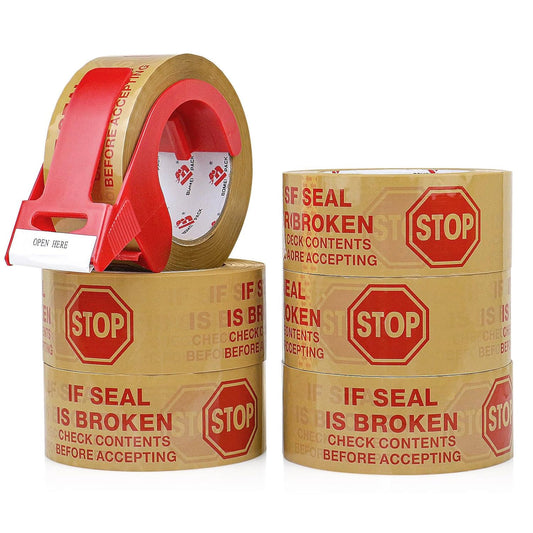 Stop Sign Sealing Tape Pre-Printed IF Seal is Broken,Check Contents Before Accepting,Heavy Duty Packing Tape with Dispenser 2 Inch x 110 Yards,Packaging Tape for Moving and Shipping (Brown)