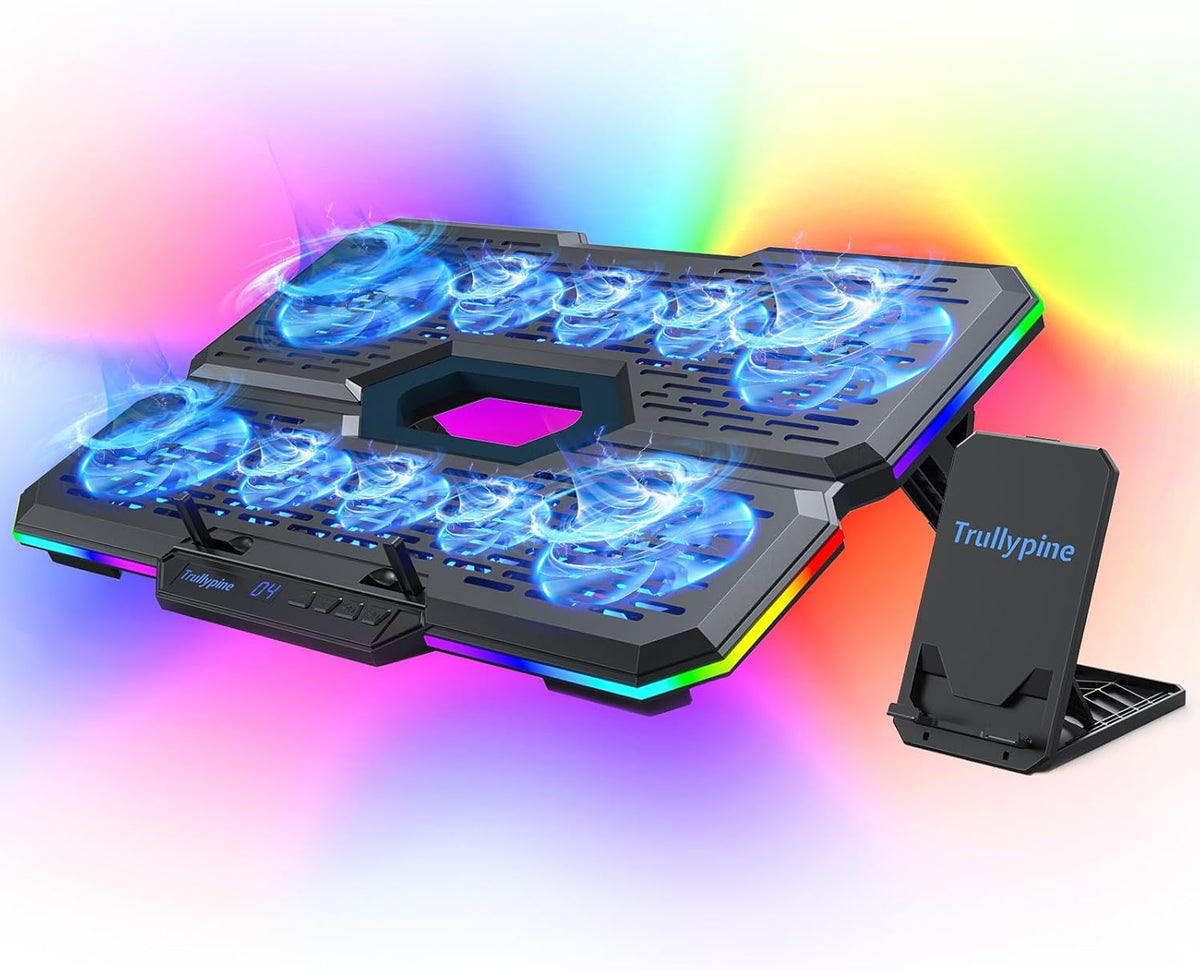 Laptop Cooling Pad, Gaming Laptop Cooler with 10 Quiet Fans, Height Adjustable Laptop Cooling Stand for 12"-17" Laptops, RGB Lights with Laptop Fan with 2 USB Port and Phone Stand