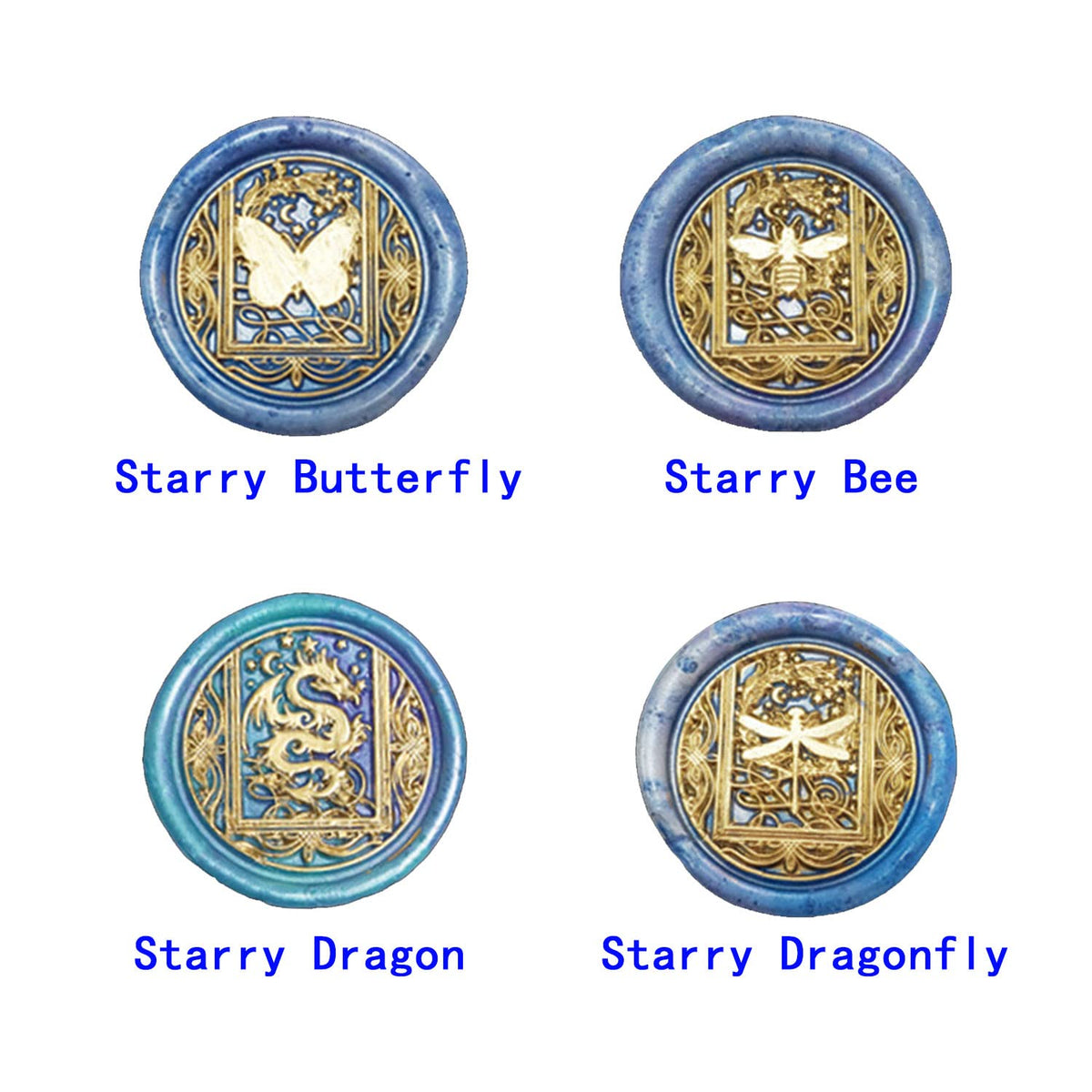 Animal Wax Seal Stamp Set with 4 PCS Removable Brass Heads and 1 Wooden Handle - Retro Starry Butterfly Dragonfly Bee Dragon Sealing Wax Stamp for Cards Invitations