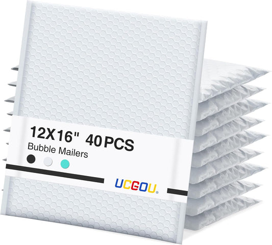UCGOU Bubble Mailers 12x16 Inch 40 Pack Usable Size 12x15 Inch Large Padded Envelopes White Waterproof Packaging Bags for Shipping Self Seal Strong Adhesion Envelopes for Jewelry Makeup Supplies