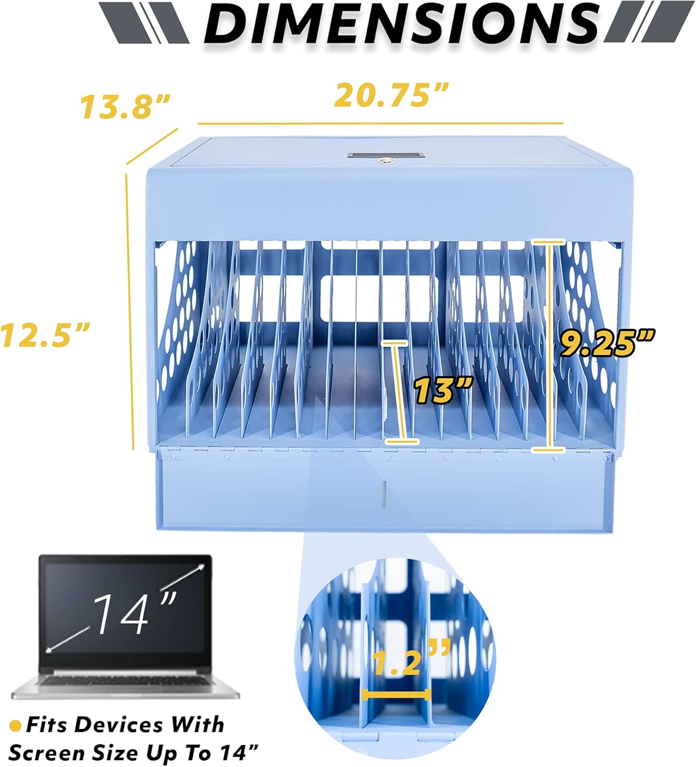 16-Device Charging Station for Chromebooks - Locking Charging Cabinet with Cable Management, Charger Storage, and Lock Included - Fits 14'' Screensize and 1.2'' Thick Tablets (Blue)