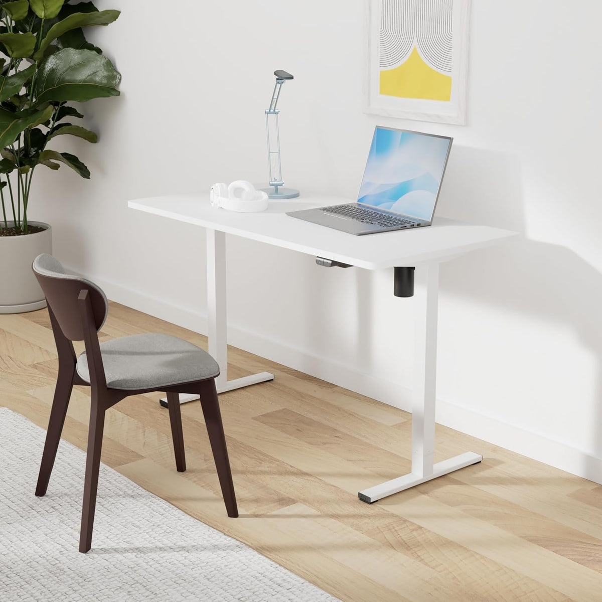 SANODESK Electric Standing Desk 48 x 24 Inches Whole-Piece Desktop Height Adjustable Stand Up Desk w/6-Button Controller Ergonomic Computer Desk for Home Office, White Frame + White Tabletop
