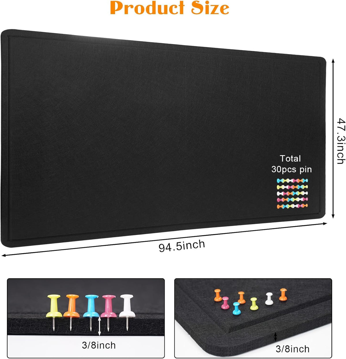 Extra Large Bulletin Board, 96 X 48 inches Cork Board with 30 Pushpin, 8' x 4' Felt Cork Board Notice Pin Board, Self-Adhesive Vision Board Mood Board Foldable Photo Board for Wall - Black
