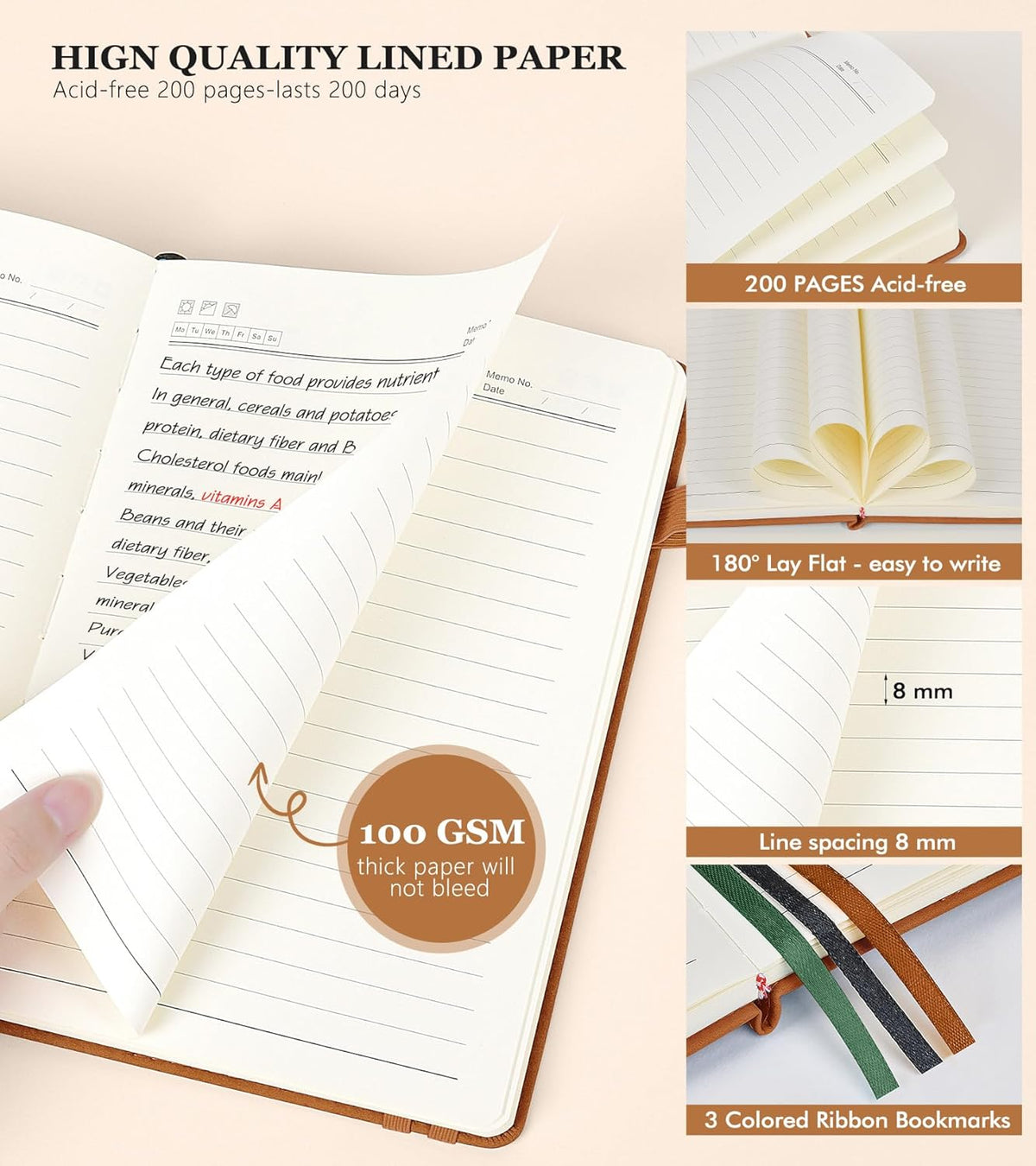 Lined Journal Notebook for Men & Women,200 Pages A5 Hardcover Leather Notebook (5.9"x8.5"), Travel Journal for Work, School, Business Writing, Note Taking, Notepad Diary (Brown)