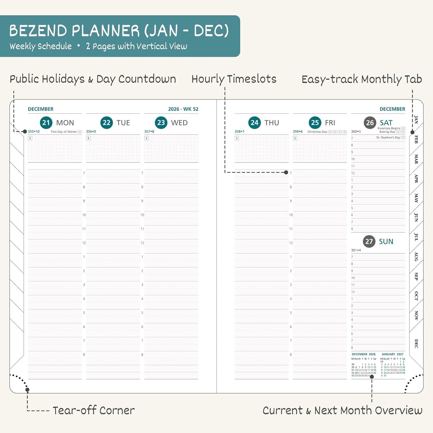 BEZEND 2026 Planner Weekly and Monthly (8.5" x 11") Daily Calendar with Half-Hourly Timeslots & Tab (Jan-Dec) Note & Expenses, Pen Holder, Inner Pocket, Vegan Leather Hardcover - Turquoise