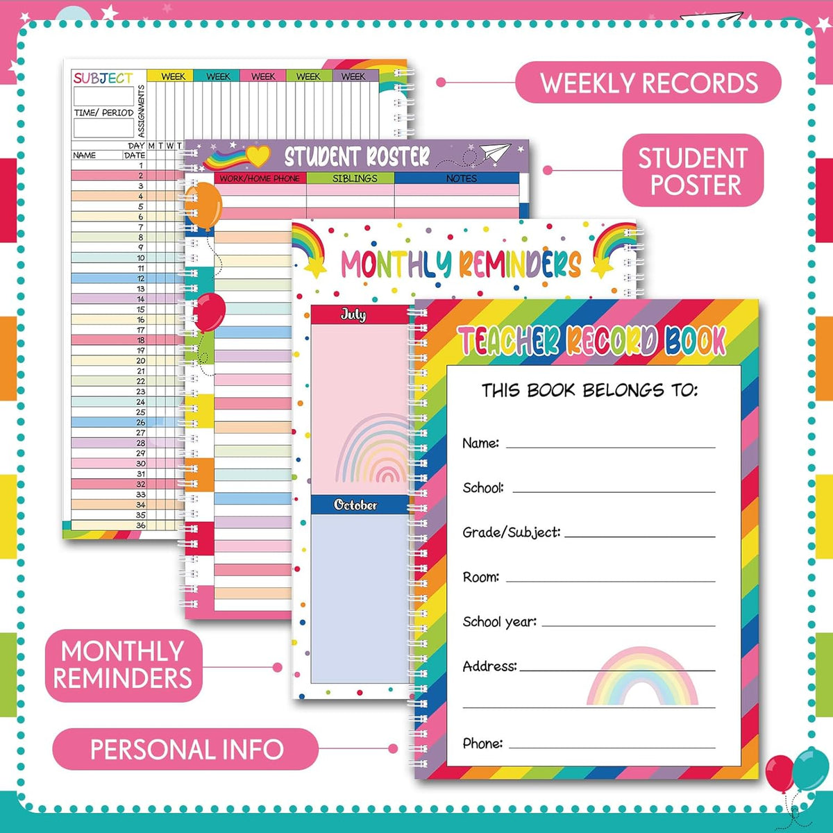 Teacher Record Book Teacher Grade Books 2025-2026 Spiral Bound Record Class Grade Book Office Favors Gift for Classroom Attendance Supplies Decoration Double Sided(Color Rainbow)