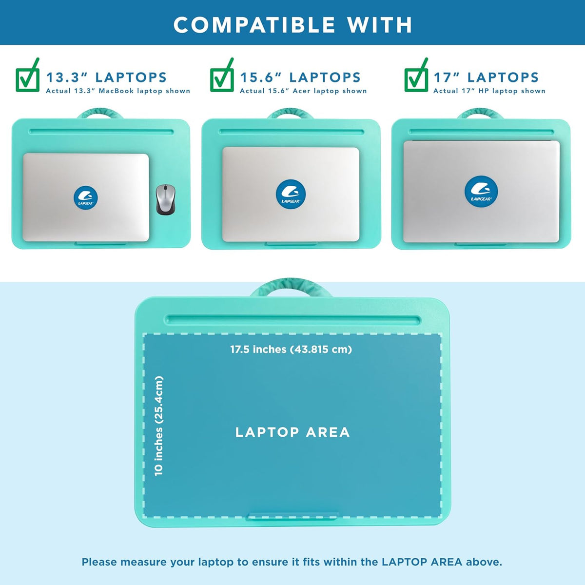 LAPGEAR Original Lap Desk – Large (17.9” x 13”) | Fits Up to 17.3” Laptops | Cushioned with Device Ledge, Pencil Tray & Handle | Portable & Lightweight | Aqua Sky – Style No. 45159