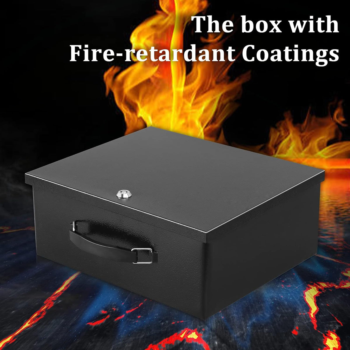 Dalmbox Portable Metal Safe Box with Key Lock - Fire Resistant Storage for Documents, Car, Home and Outside - X Large 13.2"x 11"x 5.1" Black Box
