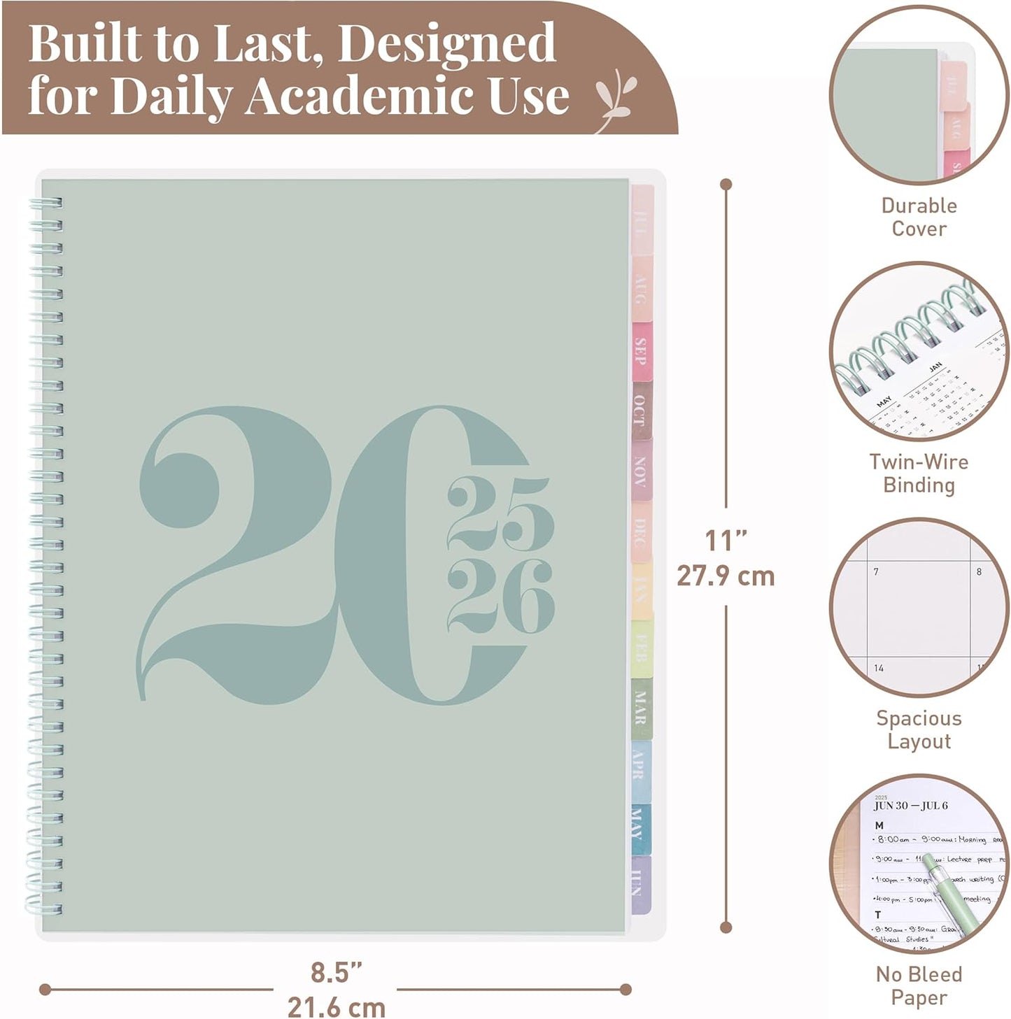 Rileys Academic Planner 2025-2026, Daily, Weekly & Monthly Planner, July 2025 - June 2026, Student Notes Pages, Twin-Wire Binding, Weekly Agenda for School & Work (8.5 x 11-Inches, Green, Typographic)