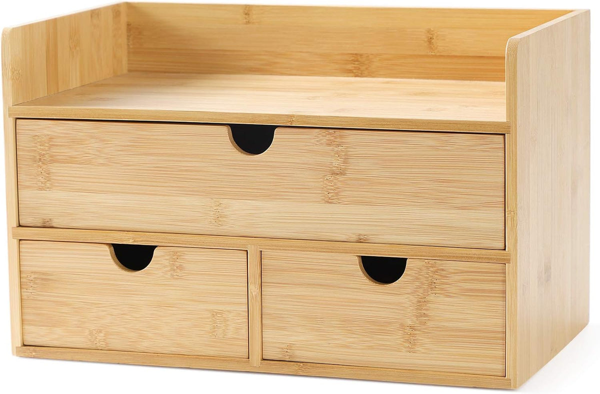 Wisuce Bamboo Desk Organizer, Mini Desktop Drawer Tabletop Storage Organization Box for Office Home Toiletries Supplies Vanity, No Assembly Required (3 Drawer with Shelf)