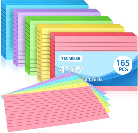 Tecmisse Colored Index Cards 4x6, 165 Pack, Ruled Note Cards, Flash Cards for Studying, Heavy Notecards for Office and School, One Side Lined, One Side Blank