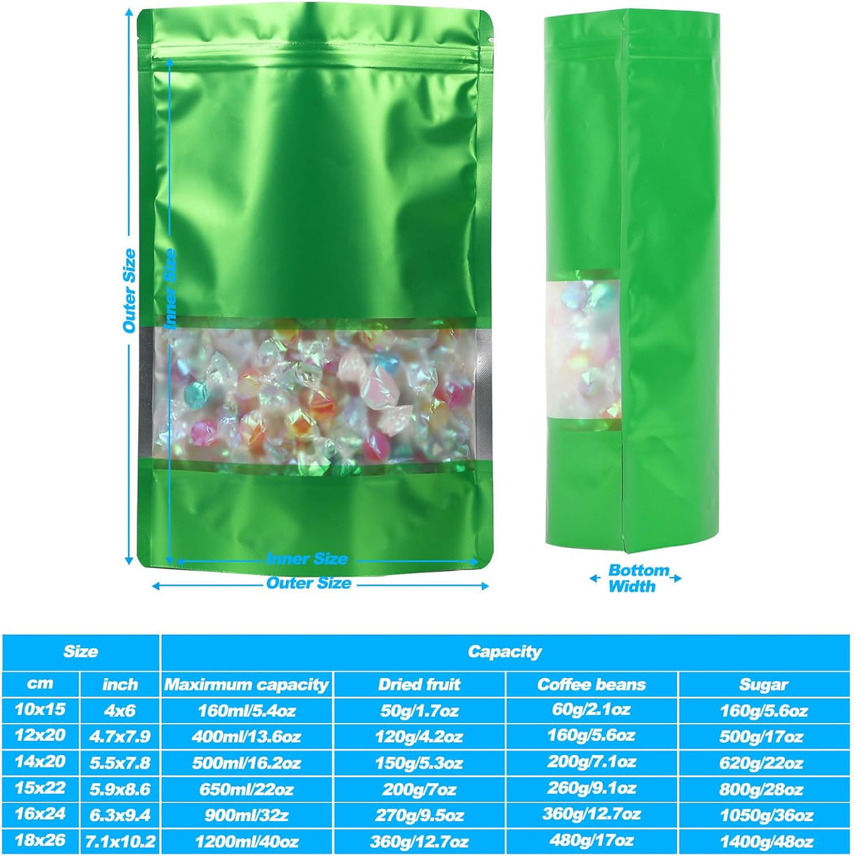 100 Pack Smell Proof Bags, Resealable Mylar Bags with Matte Window, Foil Pouch Stand-up Bags for Food Self Sealing Storage, Scratch Resistant Hand Storage Bags.(Green, 5.5×7.9 Inch)