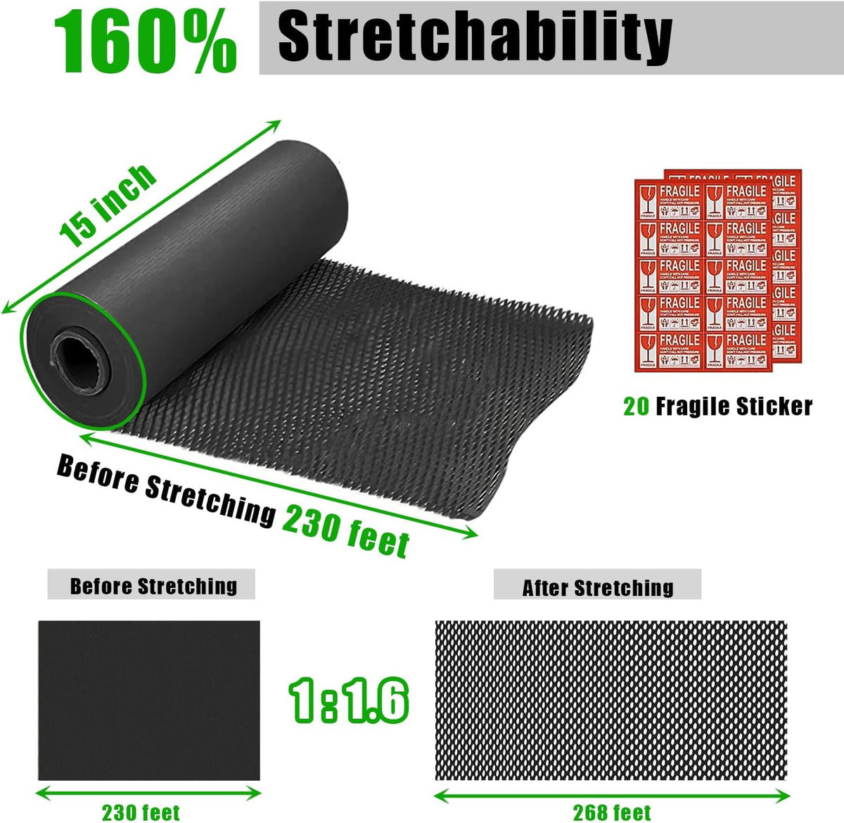 Honeycomb Packing Paper Black, 15"x230' Eco Friendly Packing Materials for Shipping Breakable Recyclable Moving Supplies Paper Bubble Wrap Sheets Roll with 20 Fragile Sticker Labels