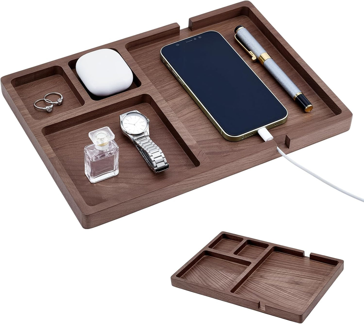 Wood Valet Tray for Men Women, Walnut Nightstand Organizer with Charging Station, Desk Drawer Organizer Tray Office Supplies, Desk Trays for Phone Watch Wallet Key Jewelry Catchall Trays