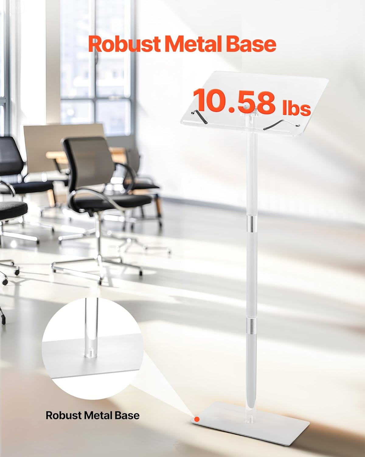 VEVOR Podium Stand, 43-Inch Acrylic Lectern, Portable Laptop Desk with Wide Reading Surface, Book Clips, Adjustable Angle, Floor-Standing, for Classroom, Wedding, Conference, Lecture and Concert