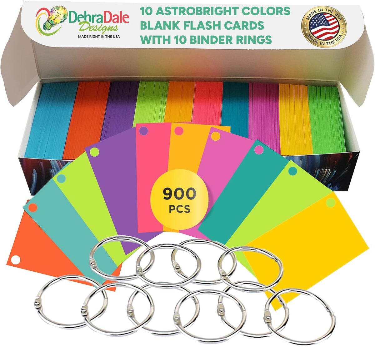 Debra Dale Designs Flash Cards – Blank Color Coded Index Cards for Visual Learners, Pre-Punched with Metal Rings, Durable Multicolor Cardstock for Memorization, School & Organization