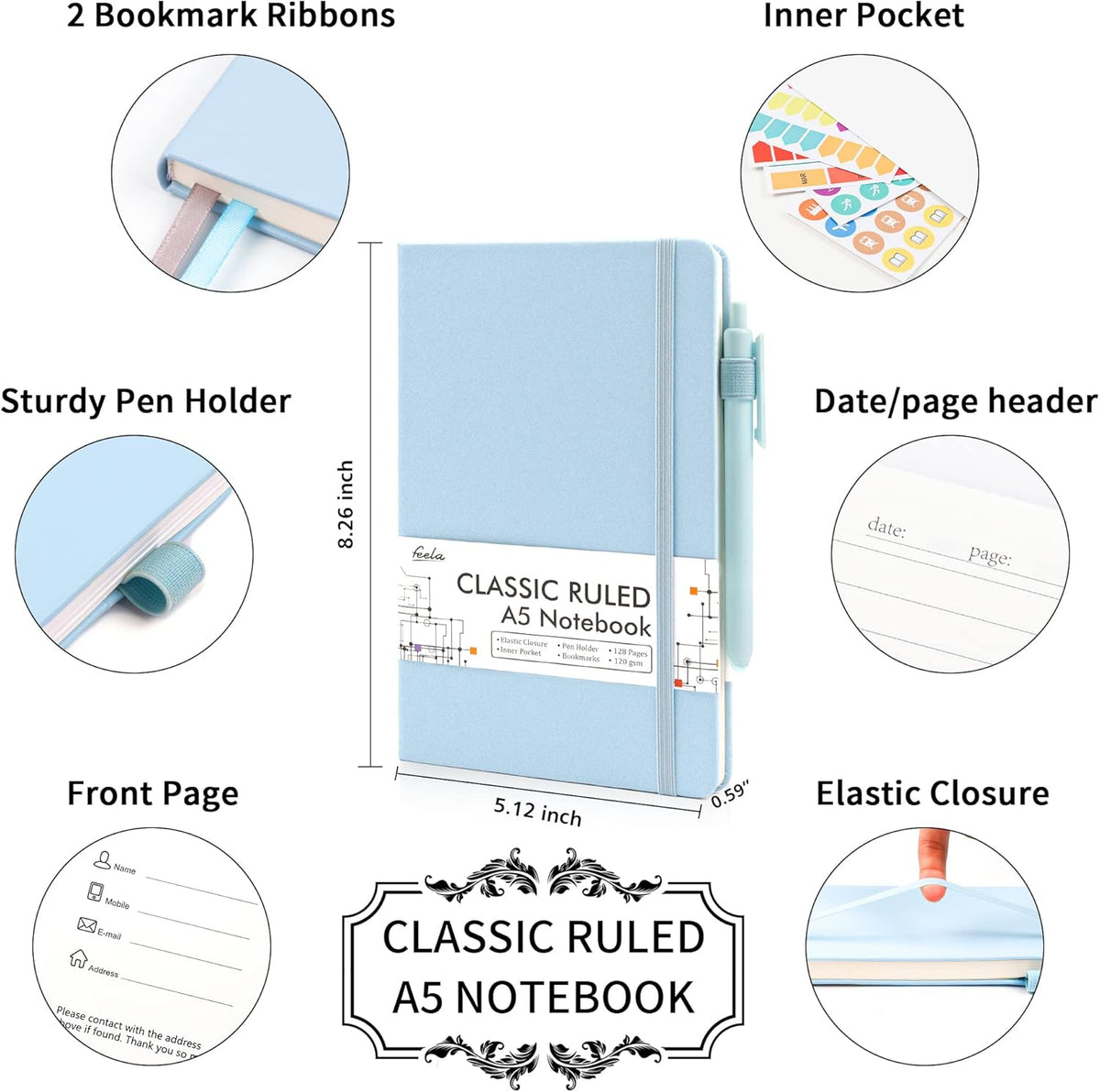 feela 12 Pack Notebooks Journals Bulk, Hardcover Notebook Classic Ruled Lined Journals with Pen Holder for Women Girls School Business Supplies, with 12 Black Pens, 120 GSM, 5.1”x8.3”, A5, Light Blue