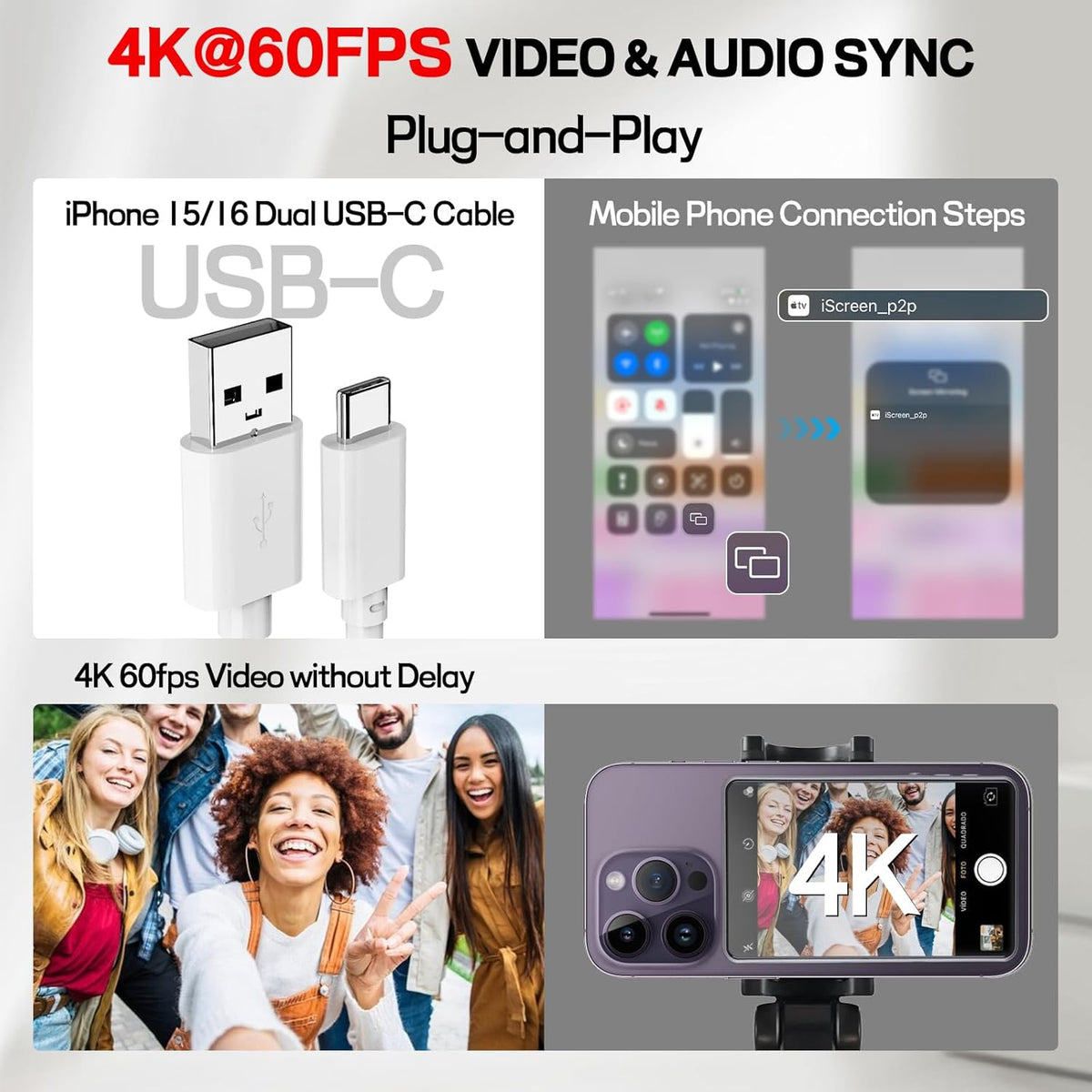Selfie Monitor Screen iPhone, Vlog Magnetic 4K 60fps Video Recording for iPhone & Android, Back Camera Monitor iPhone with Bluetooth Remote No Delay Live Stream for TikTok White