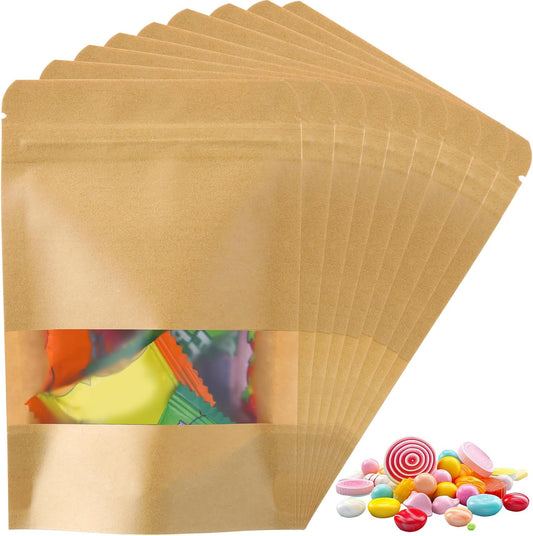 Geosar 450 Pcs Kraft Bags with Window 4 x 6 Inch Stand up Kraft Pouches Bulk Zipper Paper Pouches Food Storage Reusable Heat Sealable Bags for Packaging Home Business Office