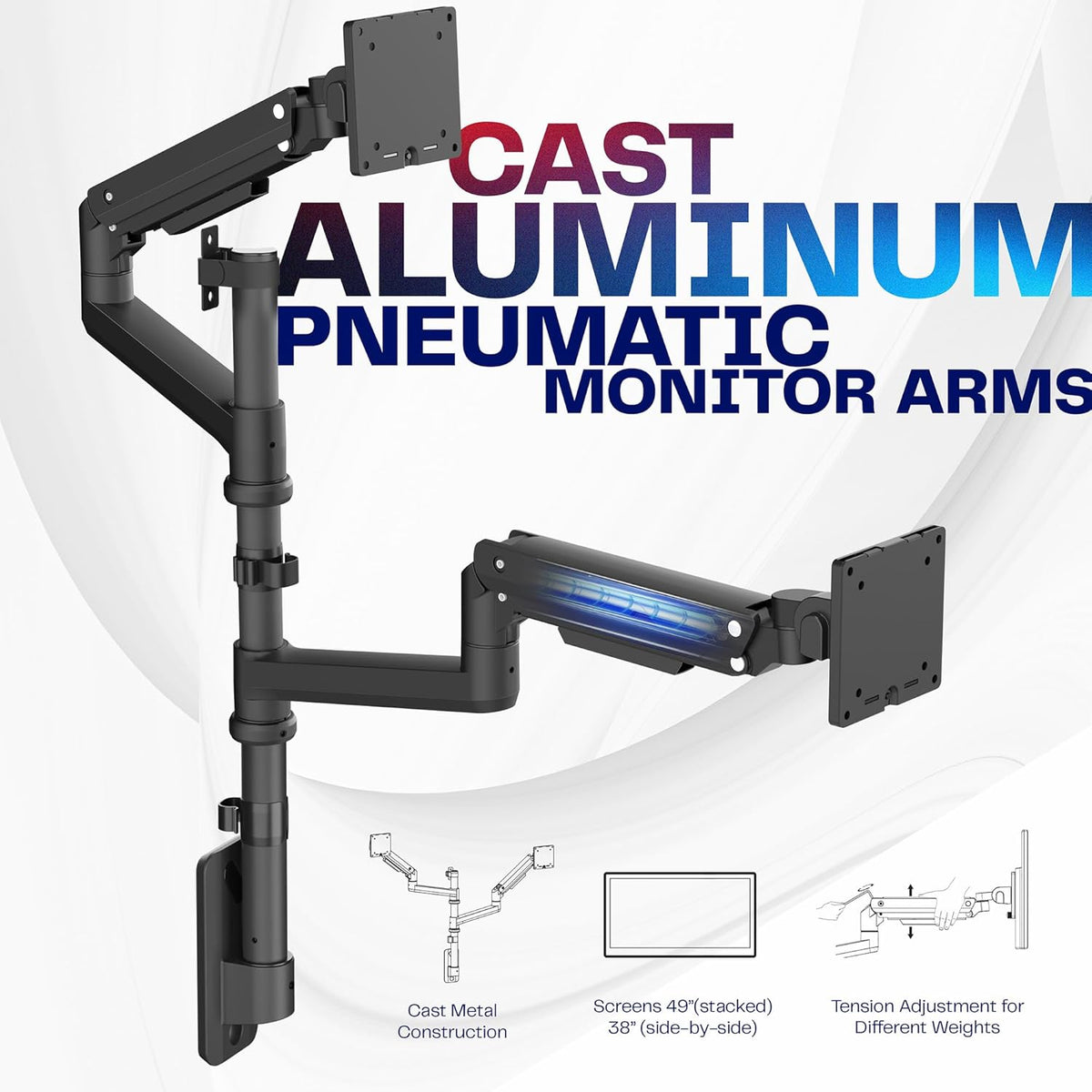 VIVO Pneumatic Arm Dual Ultrawide Monitor Wall Mount for Up to 49 inch Screens, Holds 2 Ultra Wides Up to 33.5 lbs Each, Black, MOUNT-V120K