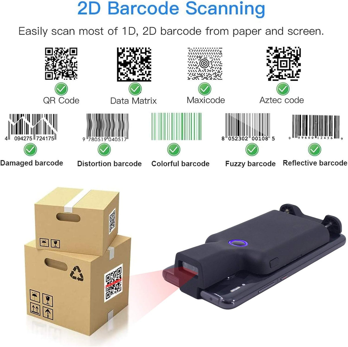 Symcode Portable Barcode Clip with Bluetooth - 1D 2D QR Bar Code Reader, PDF417, Data Matrix, Maxicode, Wireless Connect