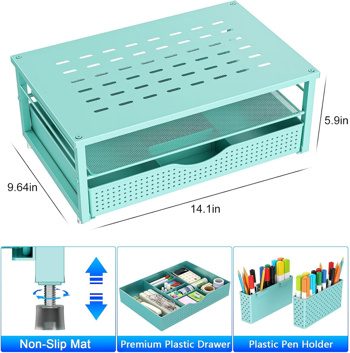 gianotter Desk Organizers and Accessories, Monitor Stand with Drawer and 2 Pen Holder, Desktop Organizer Suitable for Offices and Dormitories (Blue)