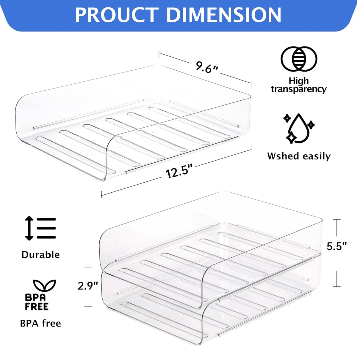 Set of 2 Desk Letter Tray, Office Organization and Storage, Clear PET Letter Tray Desk Organizer, Stackable Document Organizer for Notes, Pens, File Paper
