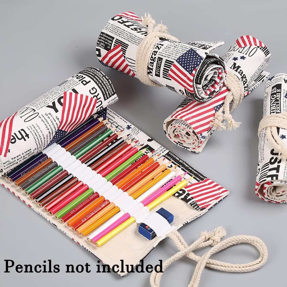 DIYOMR 24/36/72 Slots Pencil Wrap - Roll Up Bag with Short Brushes Pouch Case for Drawing, Coloring and Sketching - NO PENCILS (Flag, 36 Slots)