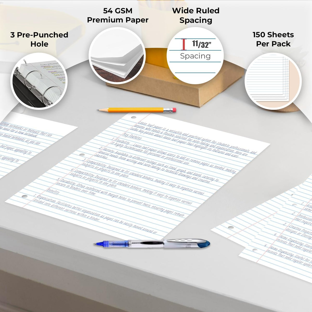 Bulk 3600 Sheets Loose Leaf Binder Filler Paper, Wide Ruled, Bulk Notebook Paper, 8 x 10.5", Loose Leaf Sheets, 3 Hole Punched, 24 Pack, 150 Sheets/Pack, Filler Papers, White