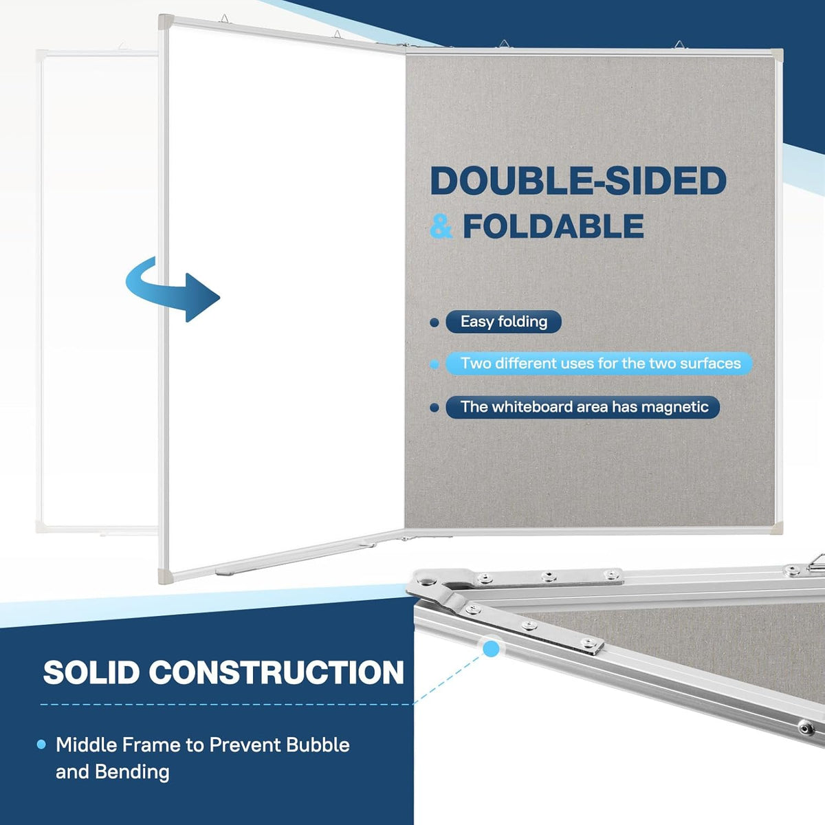Large White Board Dry Erase Foldable Bulletin Board Combo, 60" x 40" Double Sided Dry Erase Board for Wall, Magnetic Whiteboard Bulletin Board with Linen for Office, Home, School, Kitchen -Gray