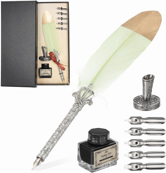 PATIKIL Feather Quill Pen Set, 1 Set Vintage Feather Calligraphy Pen Fountain Dip Pen Set with Ink, Pen Holder and Replacement Nibs for Beginner Writer Writing Gift, Mint Green