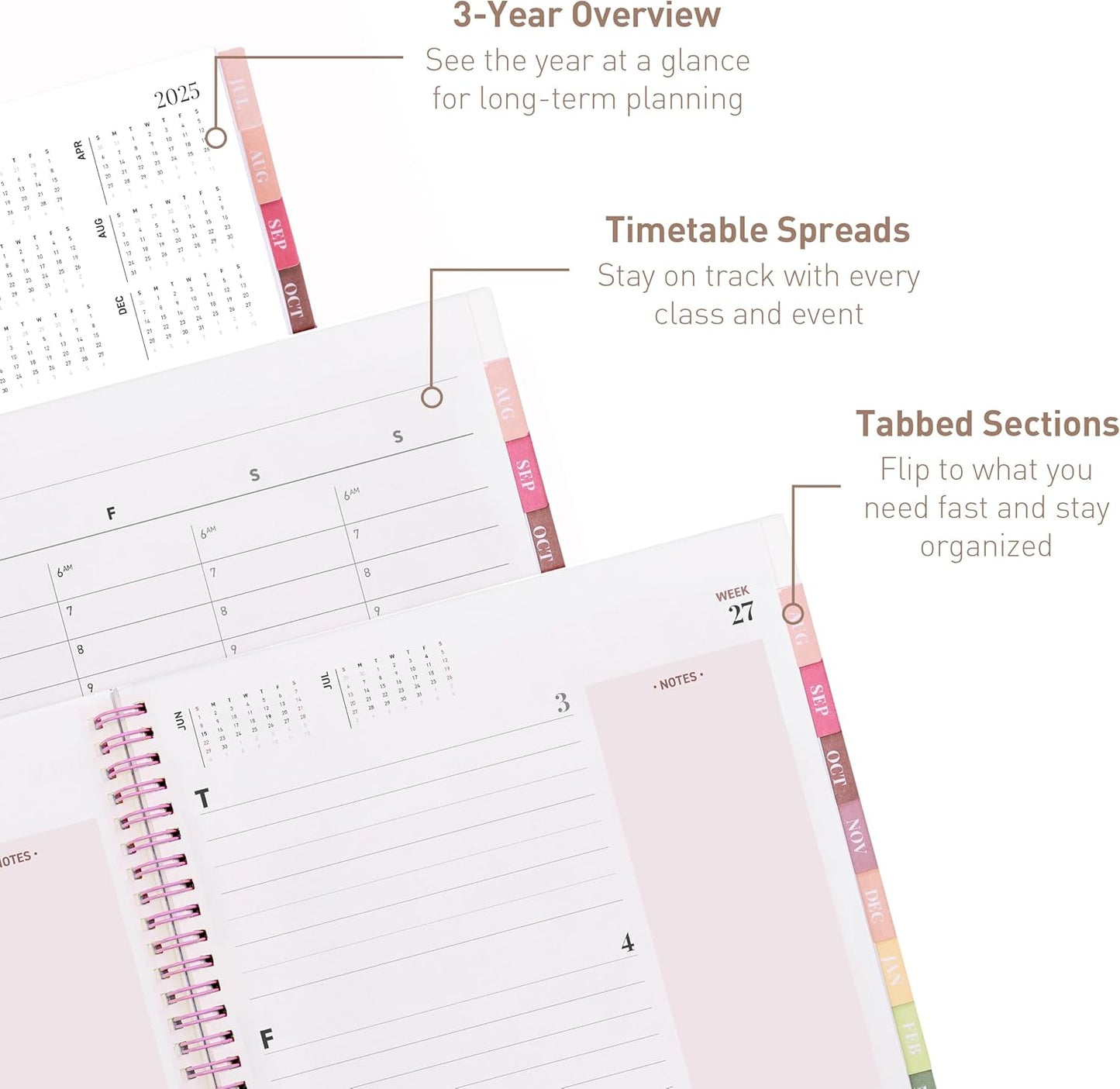 Rileys Academic Planner 2025-2026, Daily, Weekly & Monthly Planner, July 2025 - June 2026, Student Notes Pages, Twin-Wire Binding, Weekly Agenda for School & Work (8.5 x 11-Inches, Pink, Deco)