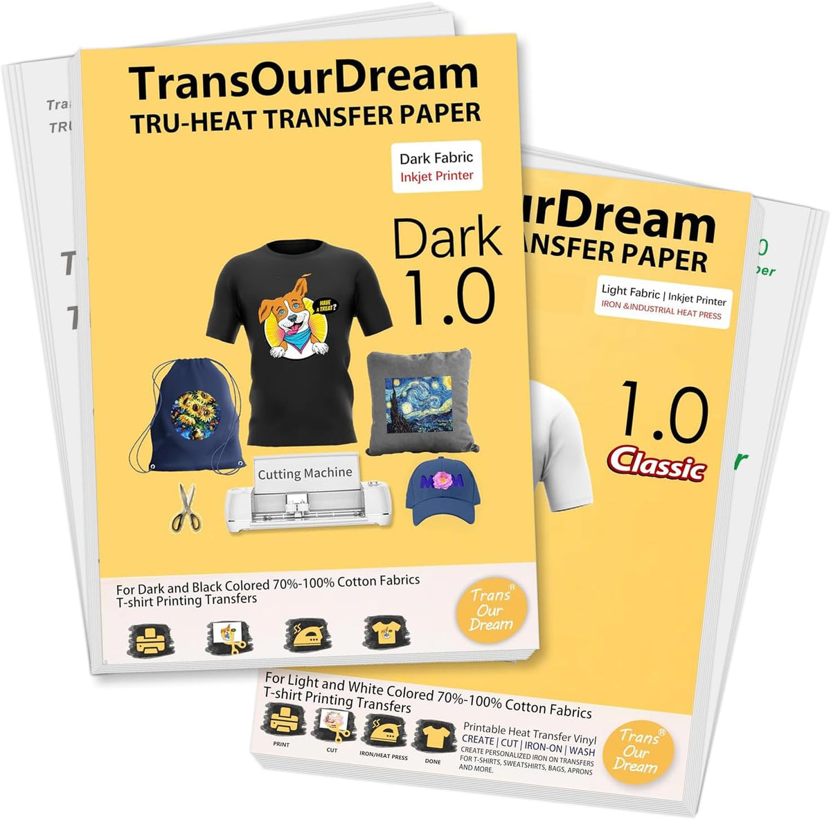 TransOurDream Tru-Heat Transfer Paper for Dark and Light Fabric (50+50 Sheets, 8.5x11", Mix Pack) Printable HTV Heat Transfers Vinyl for Inkjet Printers Iron on Transfers for T Shirts